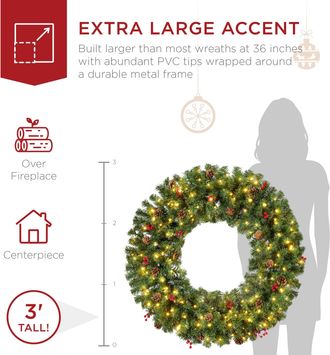 Best Choice Products Pre-Lit Christmas Wreath w/Berries & Pinecones, Large Artificial Indoor/Outdoor D&eacute;cor, Plug-in