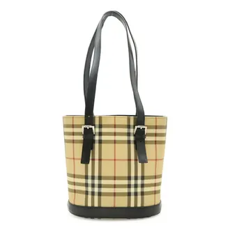 Burberry Beige Black Bordeaux Coated Canvas Leather Shoulder Bag Tote Bag (Pre-Owned)