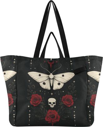 Generic Skull Roses Black print Reusable Canvas Tote Bag, Heavy Duty Grocery Shopping Bag with Hard Bottom Double Handles Large Capacity Work Groceries Travel