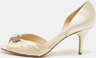 Jimmy Choo London Cream Satin Embellished Peep Toe Dorsay Pumps