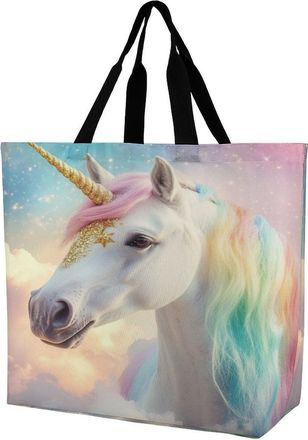 Generic Rainbow Stars Horse Reusable Shopping Bags Large Capacity Grocery Bag Heavy Duty Tote for Women 40x40x16cm