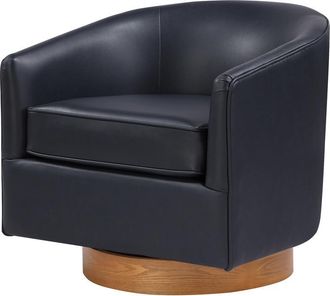 Comfort Pointe Irving Midnight Blue Faux Leather Wood Base Barrel Swivel Chair