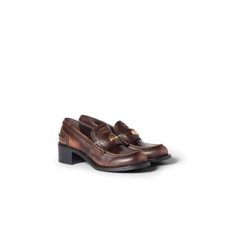 Miu Miu Dec&ograve; Calf Leather Loafers, Woman, Ebony, Size 34,5