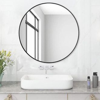 OEM Espejo De Ba&ntilde;o Redondo Sin Iluminaci&oacute;n, Negro, 50 Cm. Espejo De Pared Con Marco De Pl&aacute;stico Negro. Espejo Redondo Decorativo Con Borde Negro