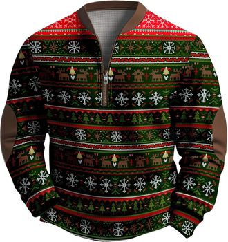 Generic Mens Christmas Jumpers UK, Novelty Nordic Print Pullover, Adult Unisex Festive Colorful & Jolly Plush Tops Funny Xmas Sweatshirtr, Fleece Lined 1/4 Zi