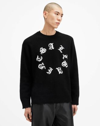 AllSaints Polyester/Merino Wool Scripture Gothic Jacquard Logo Jumper, Size: XXL