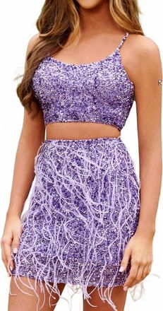 Rachel Allan Sequin Short 2-Piece Feather Dress In Lilac