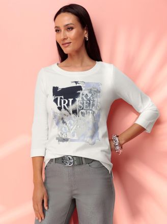 Heine 3/4-Arm-Shirt HEINE Shirt, Damen, Gr. 36, beige (ecru), 95% Baumwolle, 5% Elasthan, bedruckt, gemustert, mehrfarbig, metallic, Rundhals, Shirts 3/4-Ar