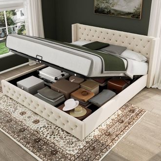 Merax Velvet Double Ottoman Storage Bed Frame 135 x 190 cm in Beige
