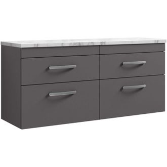 Nuie Nuie - Athena Wall Hung 4-Drawer Vanity Unit with Carrera Marble Worktop 1200mm Wide - Gloss Grey