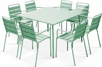 Oviala Mesa de jard&iacute;n cuadrada y conjunto de 8 sillas de metal verde salvia