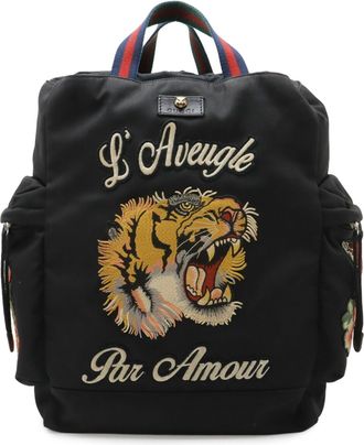 Gucci Sherry Line Black Green Red Color Canvas Leather Backpack (Pre-Owned)