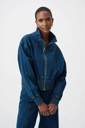 Joseph Ribkoff Knit Denim Funnel-Neck Bomber Jacket in Dark Denim Blue at Nordstrom, Size X-Large