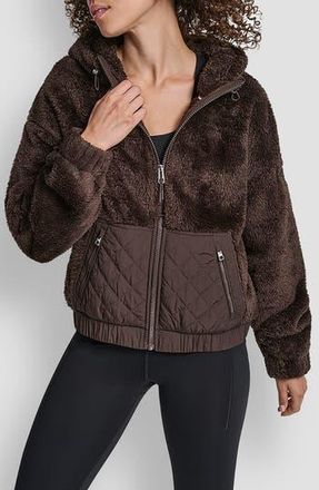 DKNY Faux Shearling & Diamond Quilted Hooded Jacket in Espresso at Nordstrom Rack, Size Medium