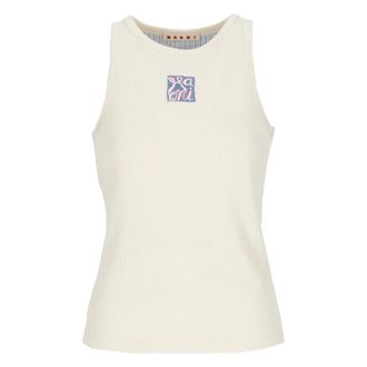 Marni Sleeveless Tops, female, White, Size: 2XS Ribbed Cotton Tank Top with Frame Logo