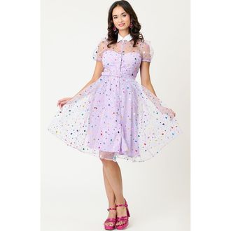Unique Vintage 1950s Short Sleeve Collared Hollie Swing Dress in Purple Heart Confetti at Nordstrom, Size X-Large