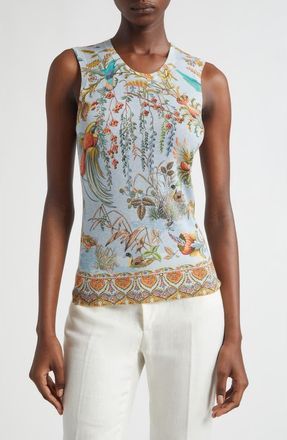 Etro Flora & Fauna Silk & Cashmere Sweater Tank in Multicolour On Pale Blue Base at Nordstrom, Size 4 Us