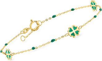 Ross-Simons Italian Green Enamel Clover Station Bracelet in 14kt Yellow Gold