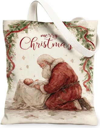 Generic Vintage Christmas Canvas Tote Bag, Artistic Santa Design Reusable Grocery Bag, Holiday Lightweight Washable Shoulder Strap, Red, 13x15 Inch