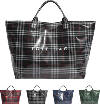 Generic Christmas Plaid PVC Tote Bag for Women, Spacious Letter Print Handbag, Durable Plastic Bag for Shopping (black)