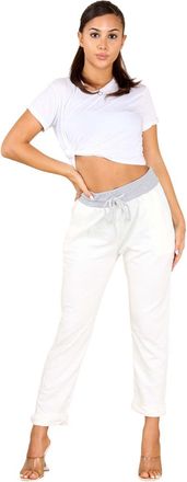 Generic Womens Italian Multi Floral Printed Turn Up Trouser - Ladies Plain Elasticated Waistband Causal Summer Drawstring Bottom Pants (Contrast White, 10-14)