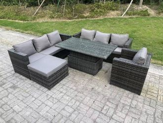 Fimous 8 Seater Rattan Sofa Set Adjustable Rising Dining Table Side Table Chairs Footstool in Dark Grey