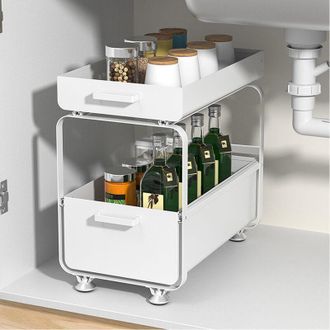 OEM Estante Para Especias, Cesta De Almacenamiento Deslizante De 2 Niveles, Cesta Deslizante Para Debajo Del Fregadero, Caj&oacute;n De Almacenamiento De Metal, 