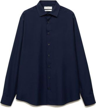 Mango Slim Fit Cotton Poplin Suit Button-Up Shirt in Dark Navy at Nordstrom, Size Xx-Large