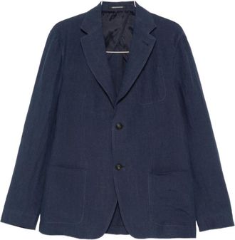 Emporio Armani Jassen, Heren, Blauw, 2Xl, Linnen, Single-breasted jas in vervaagd linnen