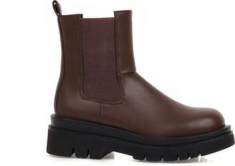 Generic Womens Round Toe PU Leather Short Boots Chunky Platform Heel Chelsea Boots Pull on Casual Ankle Boot,Brown,3.5 UK