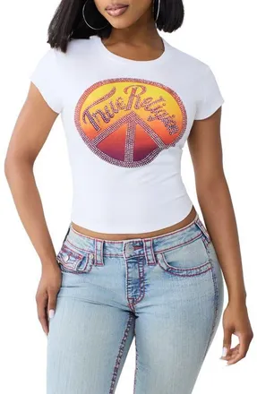 True Religion Crystal Embellished Graphic Stretch Cotton Baby Tee in Optic White at Nordstrom, Size X-Small