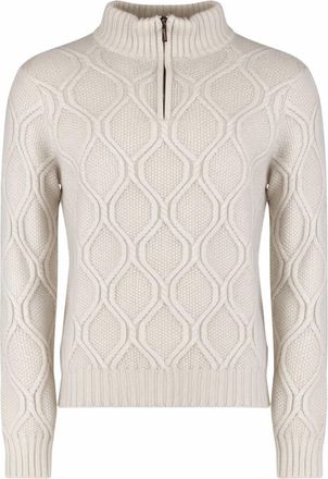 Moorer Womens Half Zip Cable Knit Sweater In Pearl