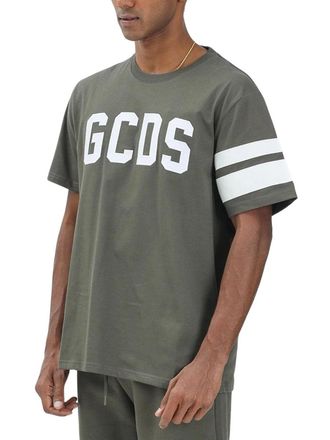 GCDS Military Green Cotton T-Shirt With Bold Logo And Striped Sleeves