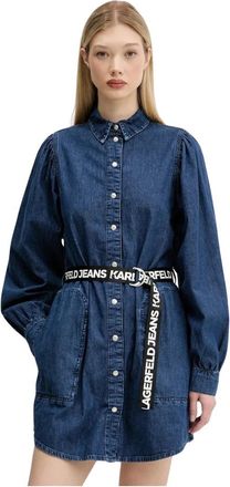 Karl Lagerfeld Denim overhemdjurk met pofmouwen - Dames - Shirt Kleedjes - Blauw - L - Denim - Kleedjes