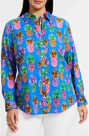 Foxcroft Zoey Pineapple Print Cotton Button-Up Shirt in Blue Multi at Nordstrom, Size 22W