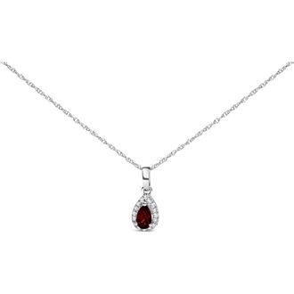 House of Brilliance 10K White Gold 5x3mm Gemstone and Diamond Accent Halo Pear Shape 18 Pendant Necklace in Red Garnet | White at Nordstrom