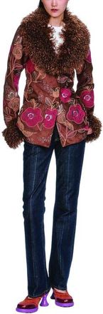 Anna Sui Poiret Rose Embroidered Faux Suede Faux Fur Trim Jacket in Caramel Multi at Nordstrom, Size 8