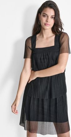 DKNY Dkny Tiered Dress Womens Black Square Neck Sheer Sleeve Pullover FTS1132