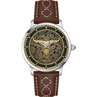 Bulova x Stetson Longhorn Automatic Leather Strap Watch, 39mm in Gold-Tone at Nordstrom