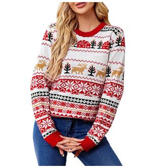 Generic Christmas Jumpers for Women Reindeer Pattern Sequin Embroidery Loose Fit Round Neck Long Sleeve Pullover Cozy Warm Autumn Winter Holiday Party Festive