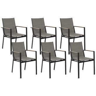 Beliani Conjunto De 6 Sillas De Jard&iacute;n De Metal Negro Gris Madera Clara Cojines Busseto