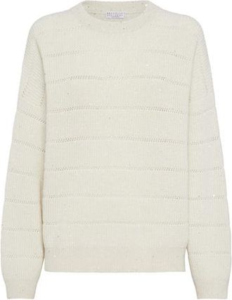 Brunello Cucinelli Dazzling sweater with openwork stripes in Butter at Nordstrom, Size Xx-Large Eu