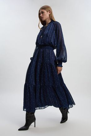 Karen Millen Womens Petite Print Shirred Detail Dobby High Neck Woven Maxi Dress - Navy - Size 12 UK