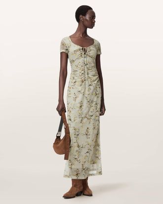 AllSaints Polyester Gabby Floral Print Mesh Maxi Dress, Size: UK 14/US 10