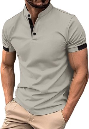Generic T Shirts for Men UK Casual Short Sleeve Button Down Stand Collar Solid Color V Neck T Shirt Summer Breathable Lightweight Comfy Classic Stylish Polo S