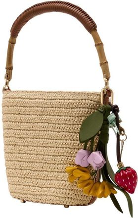 Self Portrait Womens Charm-Adorned Raffia Bucket Bag Beige