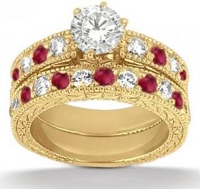 Allurez Antique Diamond & Ruby Bridal Set 14k Yellow Gold (1.80ct)