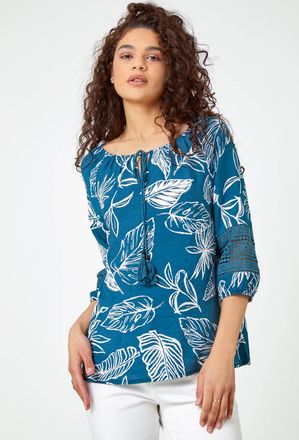 Roman Palm Print Tassel Detail Bardot Top
