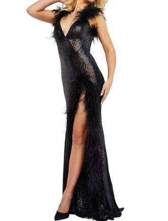 Jovani V-Neckline Feather Accented Strap Open Back Slit Dress In Black