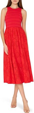 Milly Ottoman & Geometric Eyelet Lace Midi Dress in Red at Nordstrom, Size Medium